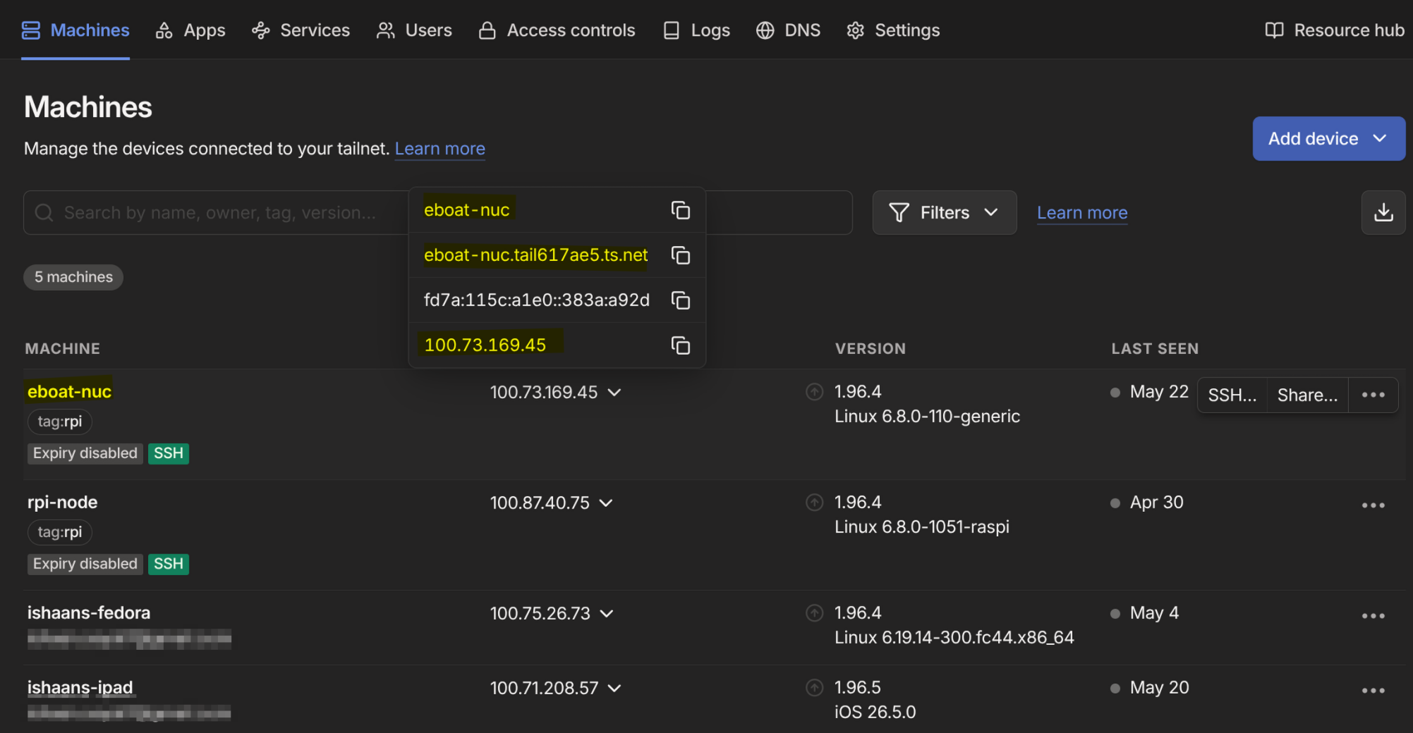 screenshot of tailscale dashboard
